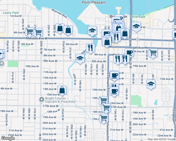 map of restaurants, bars, coffee shops, grocery stores, and more near 1713 10th Avenue West in Bradenton