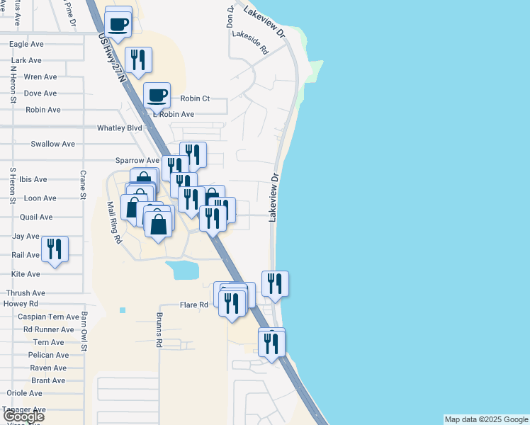map of restaurants, bars, coffee shops, grocery stores, and more near 1424 Vicki Dr in Sebring