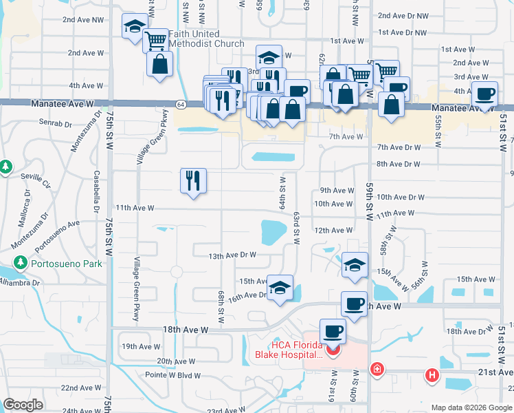 map of restaurants, bars, coffee shops, grocery stores, and more near 6522 11th Avenue West in Bradenton