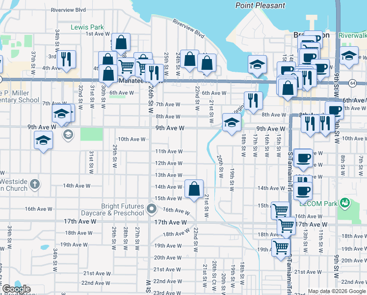 map of restaurants, bars, coffee shops, grocery stores, and more near 2212 11th Avenue West in Bradenton