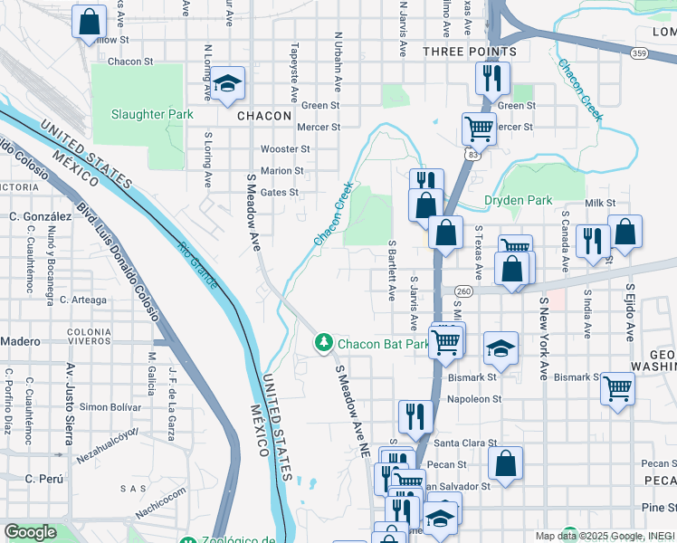 map of restaurants, bars, coffee shops, grocery stores, and more near 1905 Blaine Street in Laredo