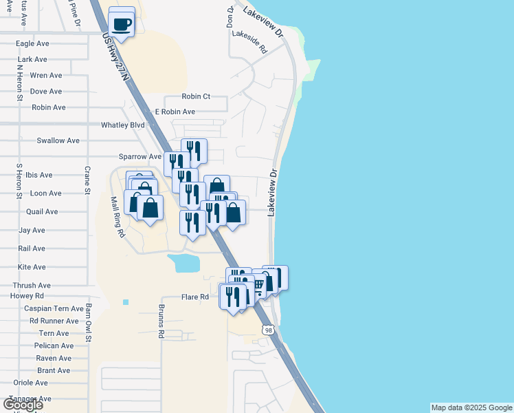 map of restaurants, bars, coffee shops, grocery stores, and more near 1424 Vicki Drive in Sebring