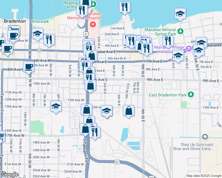 map of restaurants, bars, coffee shops, grocery stores, and more near 416 10th Avenue East in Bradenton