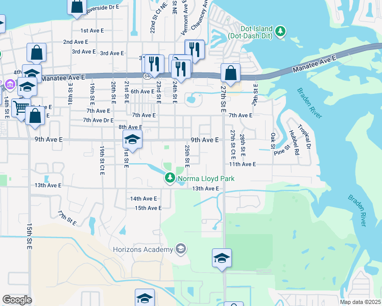 map of restaurants, bars, coffee shops, grocery stores, and more near 2505 10th Avenue Drive East in Bradenton