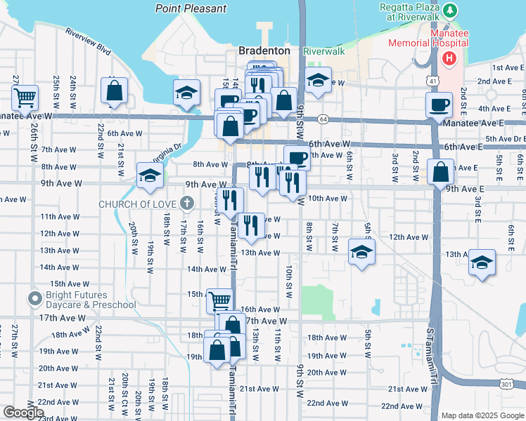 map of restaurants, bars, coffee shops, grocery stores, and more near 1014 12th Street West in Bradenton