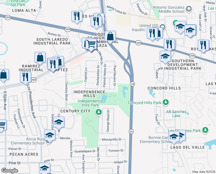 map of restaurants, bars, coffee shops, grocery stores, and more near 618 John Adams Road in Laredo