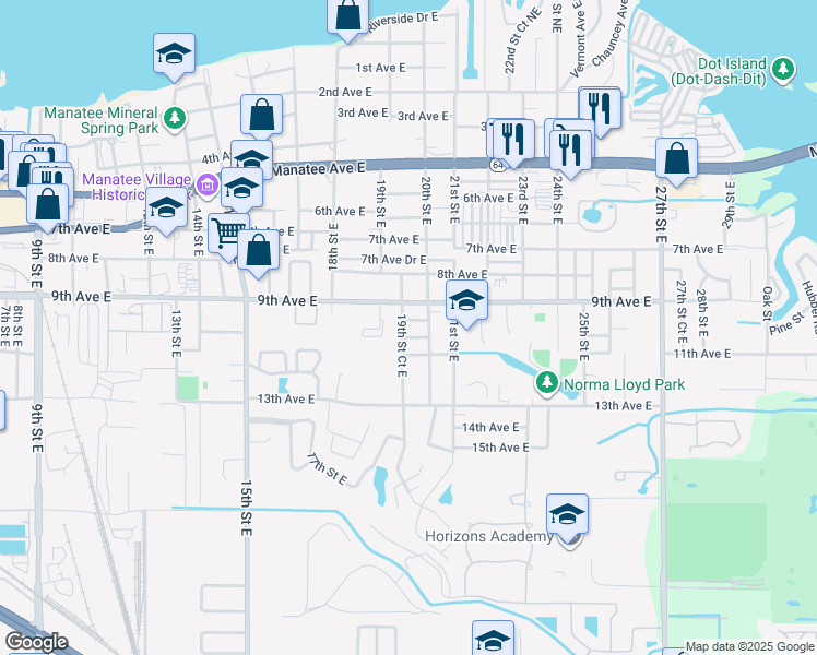 map of restaurants, bars, coffee shops, grocery stores, and more near 1005 19th Street Court East in Bradenton