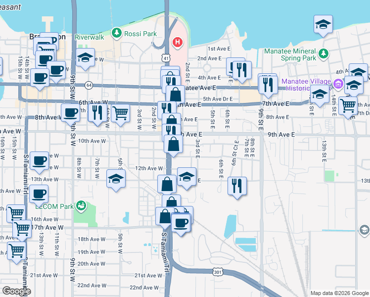 map of restaurants, bars, coffee shops, grocery stores, and more near 208 10th Avenue East in Bradenton
