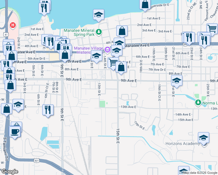 map of restaurants, bars, coffee shops, grocery stores, and more near 1409 10th Avenue East in Bradenton