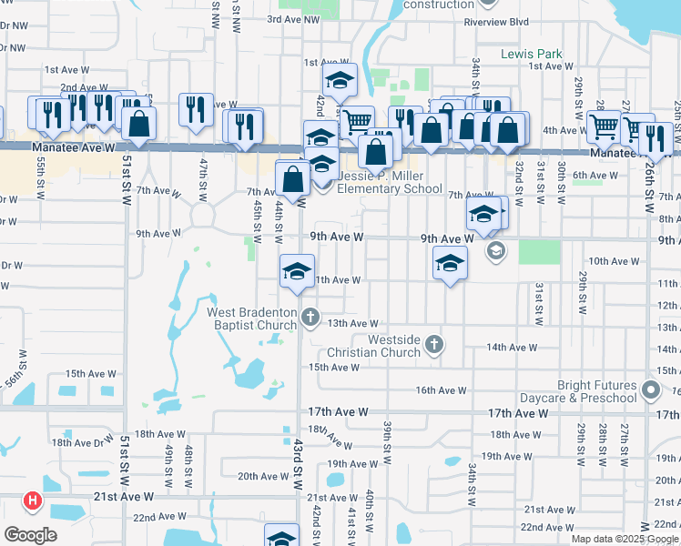 map of restaurants, bars, coffee shops, grocery stores, and more near 1017 41st Street Court West in Bradenton