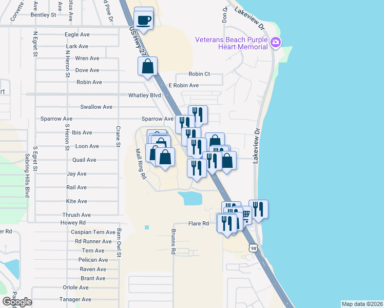 map of restaurants, bars, coffee shops, grocery stores, and more near 821 US Highway 27 North in Sebring