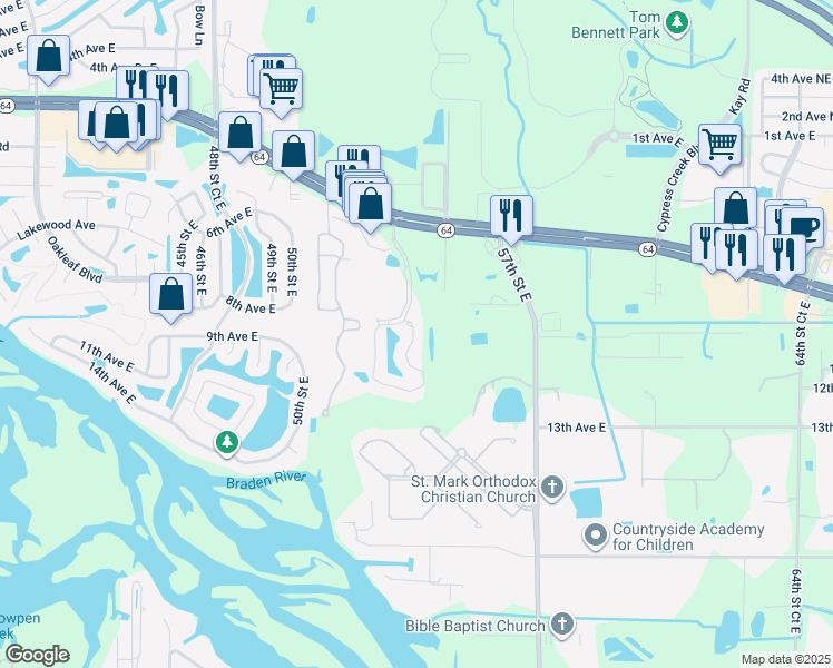 map of restaurants, bars, coffee shops, grocery stores, and more near 1400 53rd Street East in Bradenton