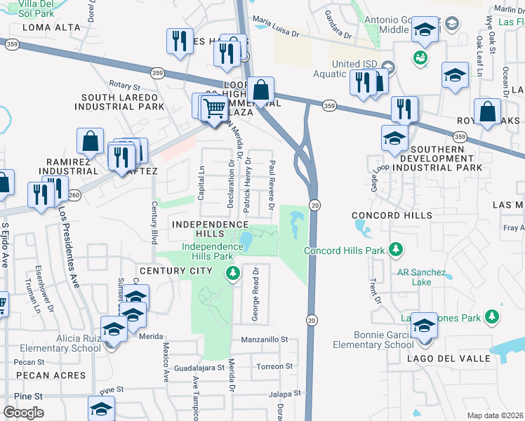 map of restaurants, bars, coffee shops, grocery stores, and more near 618 John Adams Road in Laredo
