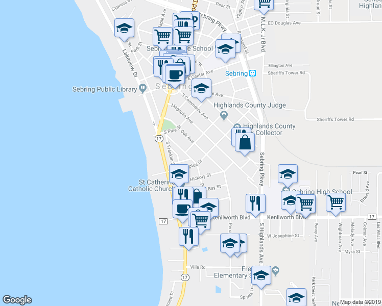 map of restaurants, bars, coffee shops, grocery stores, and more near 418 Poinsettia Ave in Sebring