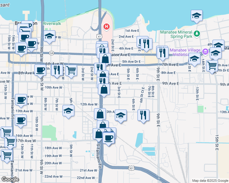 map of restaurants, bars, coffee shops, grocery stores, and more near 220 10th Avenue East in Bradenton