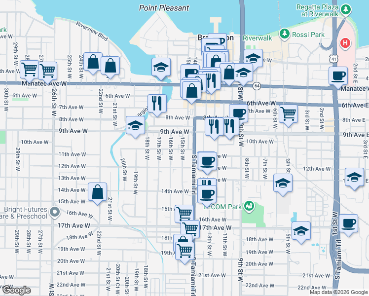 map of restaurants, bars, coffee shops, grocery stores, and more near 1503 10th Avenue West in Bradenton