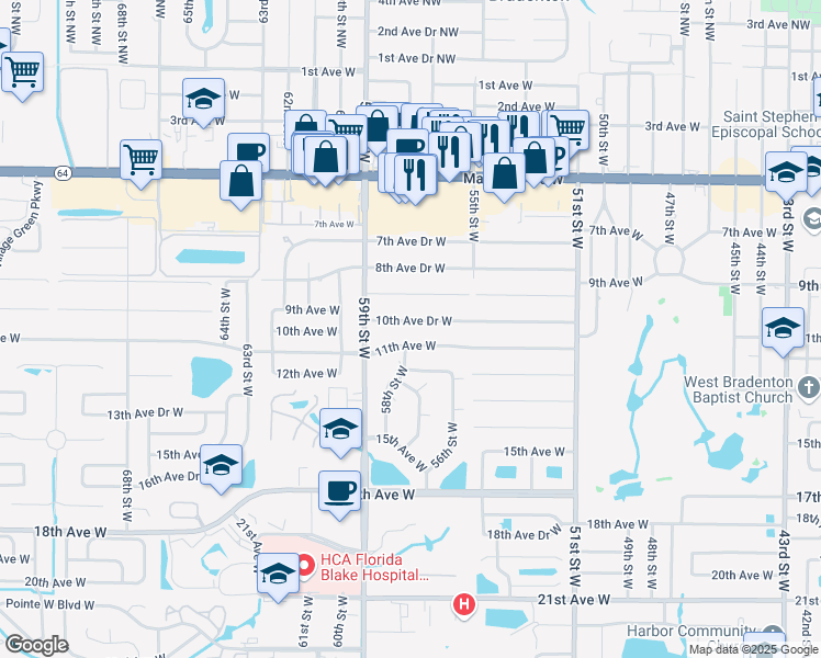 map of restaurants, bars, coffee shops, grocery stores, and more near 5711 10th Avenue Drive West in Bradenton