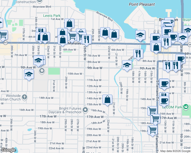 map of restaurants, bars, coffee shops, grocery stores, and more near 1001 25th Street West in Bradenton