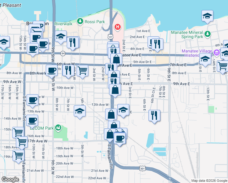 map of restaurants, bars, coffee shops, grocery stores, and more near 1000 1st Street West in Bradenton