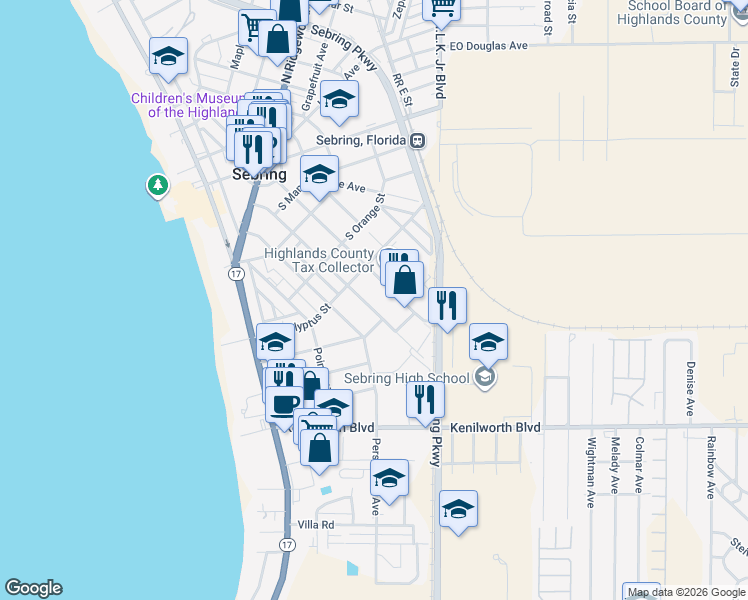 map of restaurants, bars, coffee shops, grocery stores, and more near 558 Magnolia Avenue in Sebring