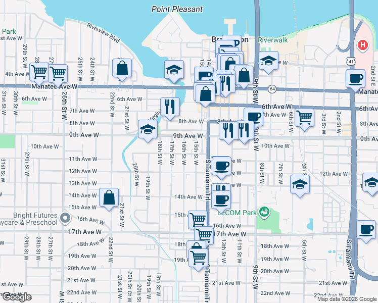 map of restaurants, bars, coffee shops, grocery stores, and more near 1514 10th Avenue West in Bradenton