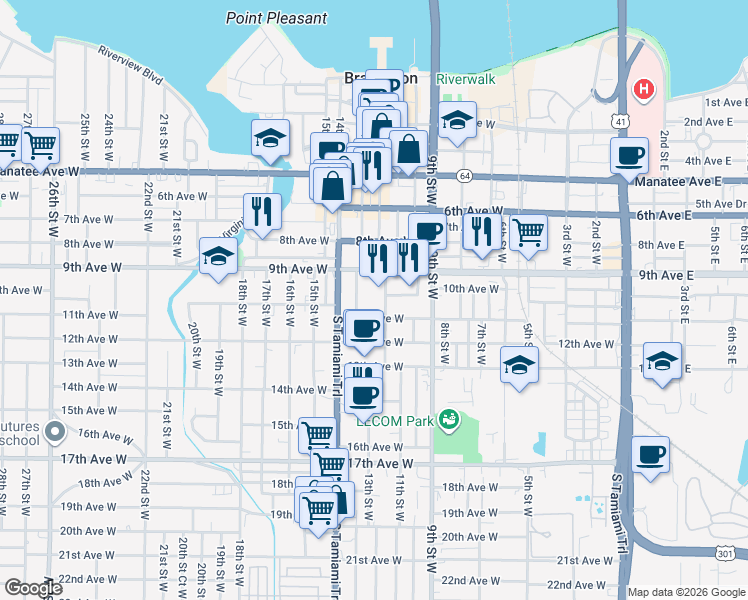 map of restaurants, bars, coffee shops, grocery stores, and more near 1014 12th Street West in Bradenton