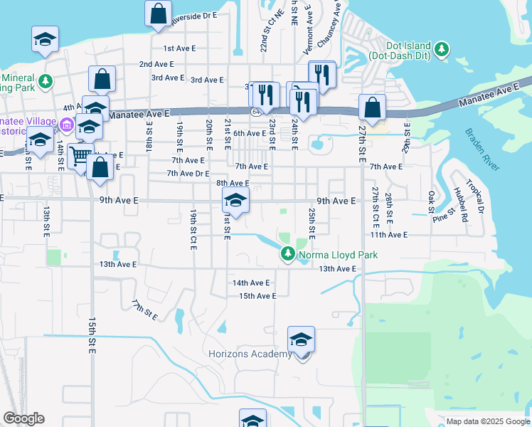 map of restaurants, bars, coffee shops, grocery stores, and more near 921 22nd Street East in Bradenton