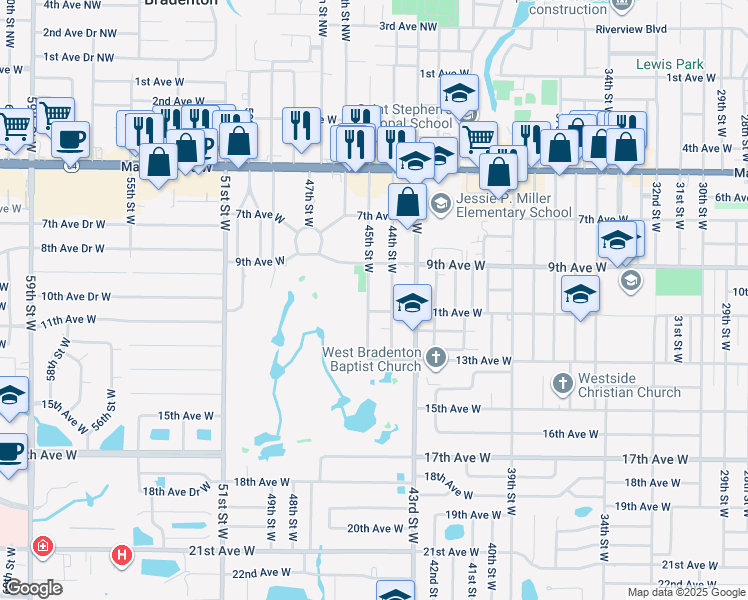 map of restaurants, bars, coffee shops, grocery stores, and more near 1007 45th Street West in Bradenton