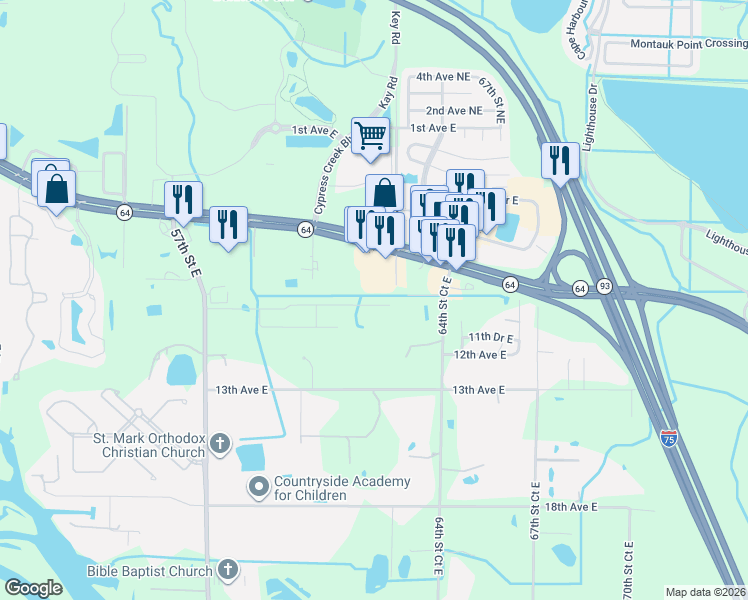 map of restaurants, bars, coffee shops, grocery stores, and more near 862 62nd Street Circle East in Bradenton