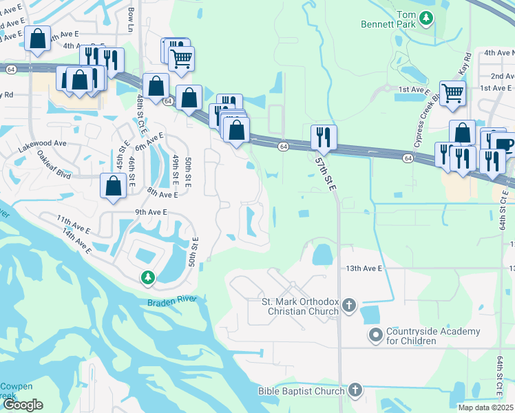 map of restaurants, bars, coffee shops, grocery stores, and more near 1400 53rd Street East in Bradenton