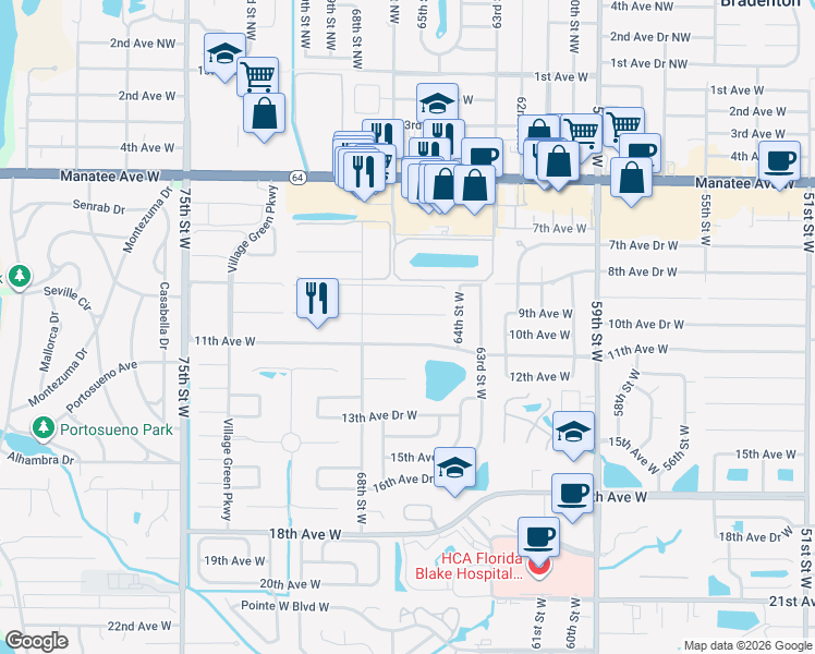 map of restaurants, bars, coffee shops, grocery stores, and more near 6522 11th Avenue West in Bradenton