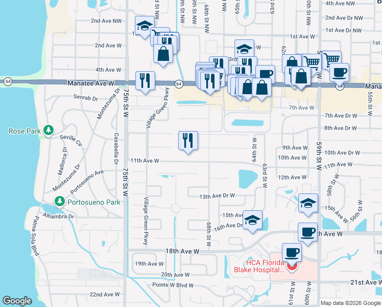 map of restaurants, bars, coffee shops, grocery stores, and more near 6816 11th Avenue West in Bradenton