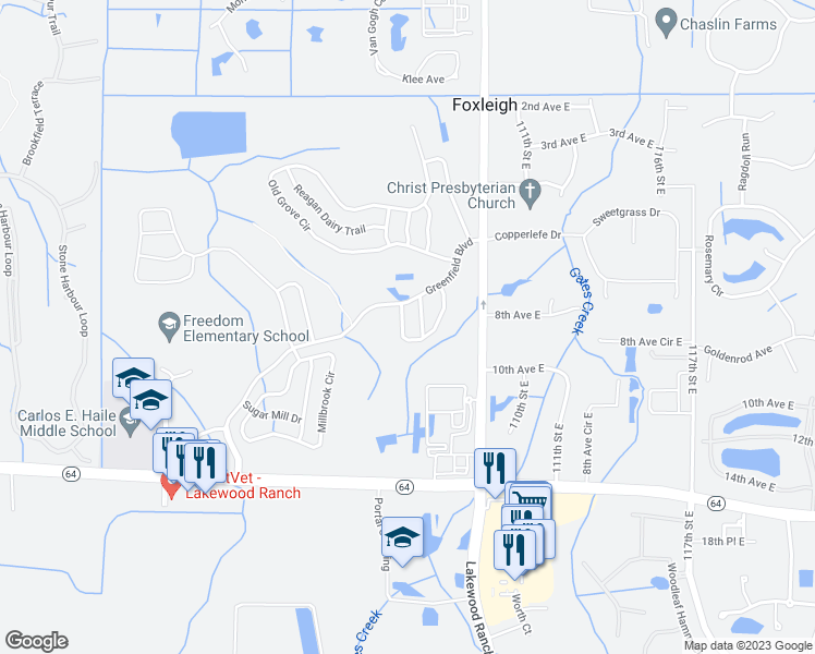 map of restaurants, bars, coffee shops, grocery stores, and more near 819 Springwood Circle in Bradenton