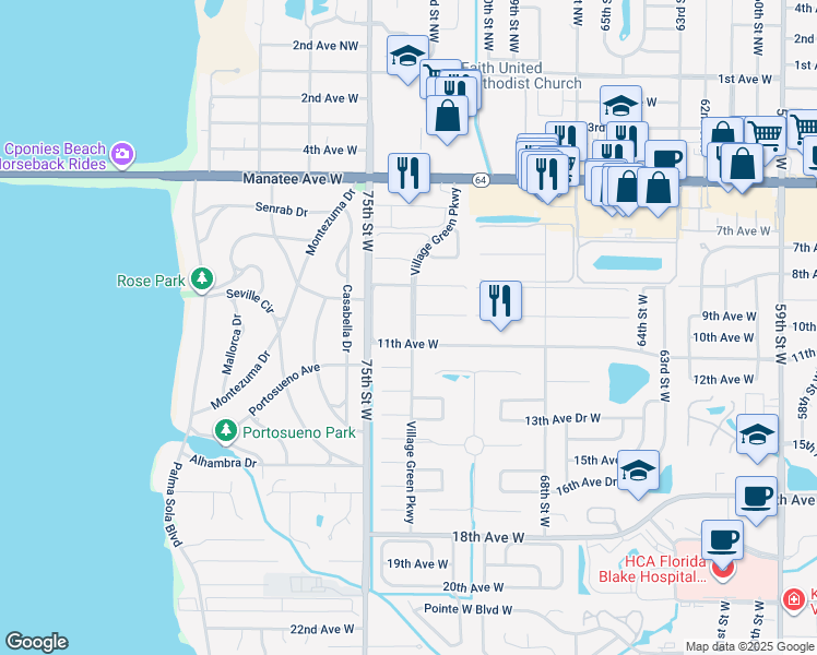 map of restaurants, bars, coffee shops, grocery stores, and more near 1010 Village Green Parkway in Bradenton