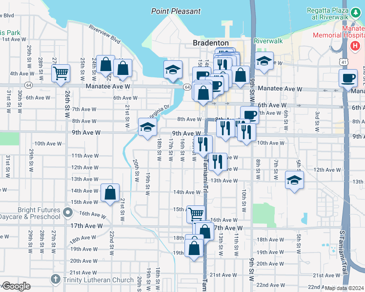 map of restaurants, bars, coffee shops, grocery stores, and more near 927 16th Street West in Bradenton