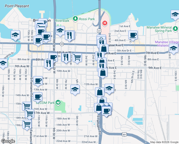 map of restaurants, bars, coffee shops, grocery stores, and more near 221 10th Avenue West in Bradenton