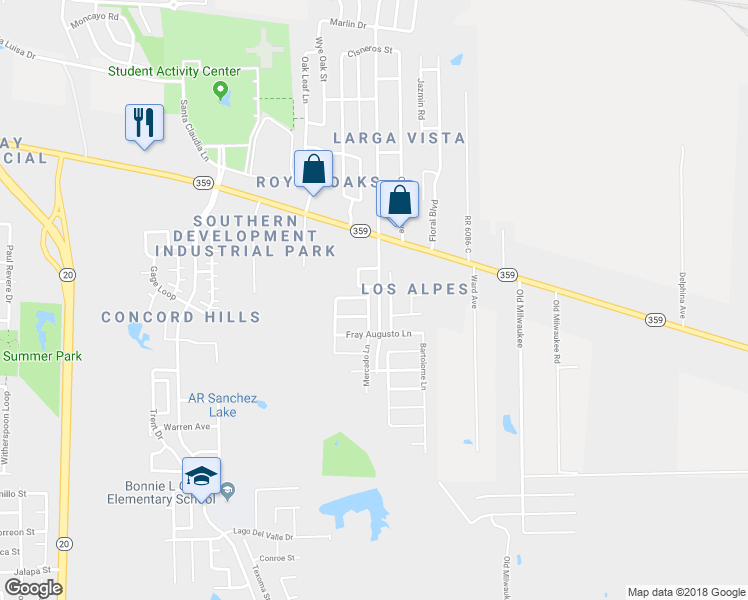 map of restaurants, bars, coffee shops, grocery stores, and more near 507 Mercado Lane in Laredo