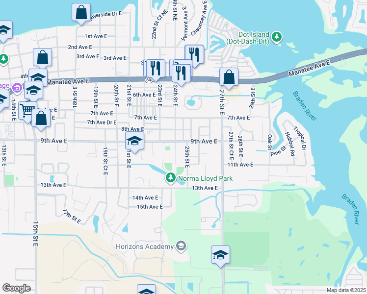 map of restaurants, bars, coffee shops, grocery stores, and more near 2505 10th Avenue Drive East in Bradenton
