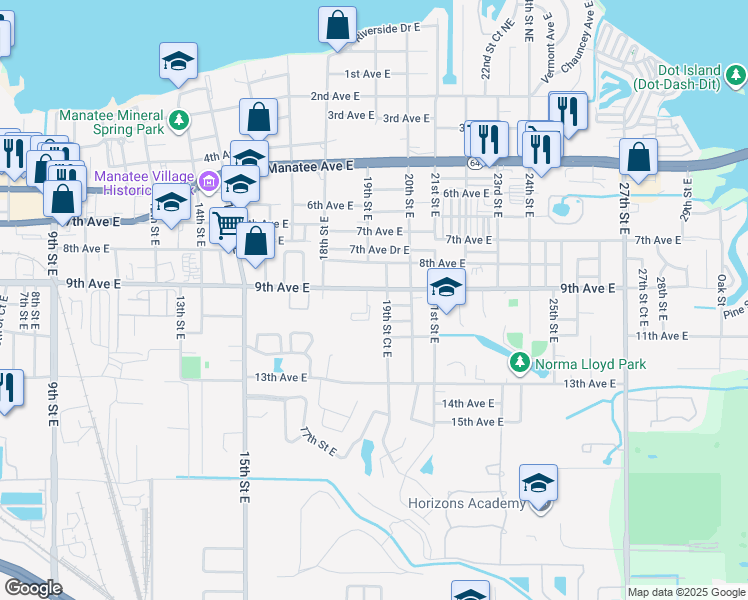 map of restaurants, bars, coffee shops, grocery stores, and more near 1005 19th Street Court East in Bradenton