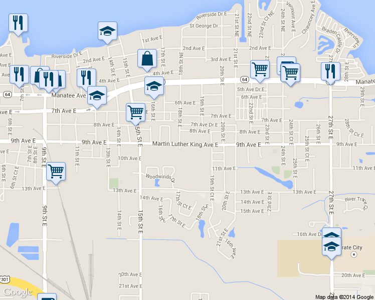 map of restaurants, bars, coffee shops, grocery stores, and more near 1818 9th Avenue East in Bradenton