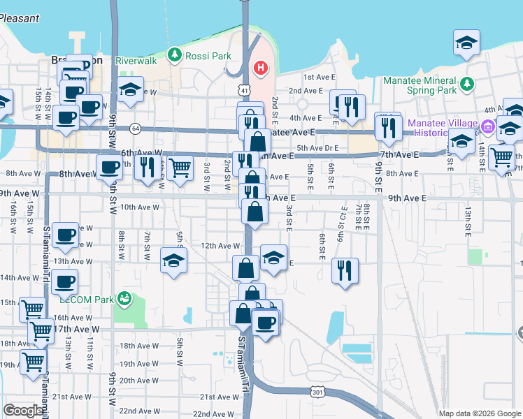 map of restaurants, bars, coffee shops, grocery stores, and more near 208 10th Avenue East in Bradenton
