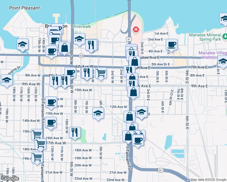 map of restaurants, bars, coffee shops, grocery stores, and more near 311 10th Avenue Drive West in Bradenton