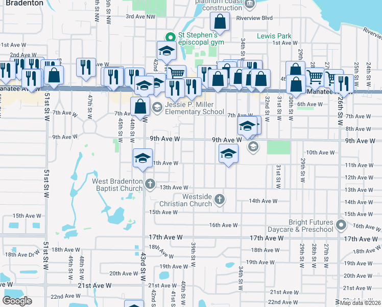 map of restaurants, bars, coffee shops, grocery stores, and more near 3904 11th Avenue West in Bradenton
