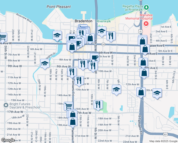 map of restaurants, bars, coffee shops, grocery stores, and more near 1016 10th Avenue West in Bradenton