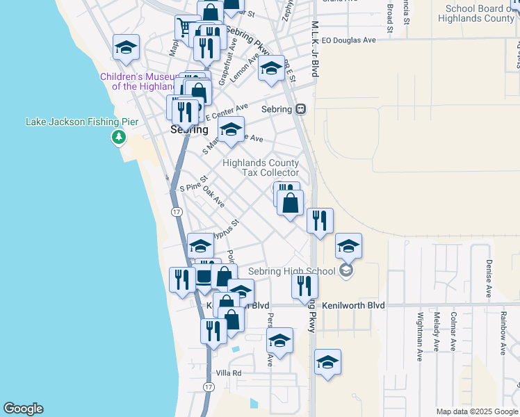 map of restaurants, bars, coffee shops, grocery stores, and more near 558 Magnolia Avenue in Sebring