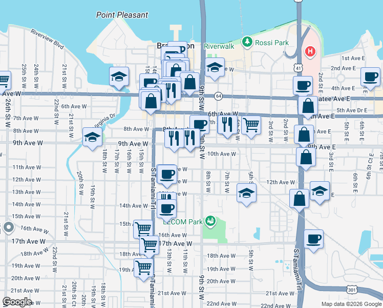 map of restaurants, bars, coffee shops, grocery stores, and more near 1005 10th Avenue West in Bradenton