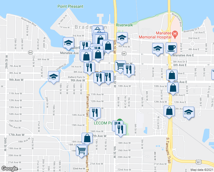 map of restaurants, bars, coffee shops, grocery stores, and more near 1005 10th Avenue West in Bradenton