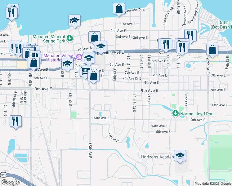 map of restaurants, bars, coffee shops, grocery stores, and more near 1010 18th Street East in Bradenton