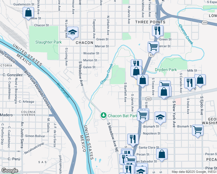 map of restaurants, bars, coffee shops, grocery stores, and more near 1905 Blaine Street in Laredo