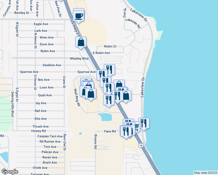 map of restaurants, bars, coffee shops, grocery stores, and more near US-27 South in Sebring